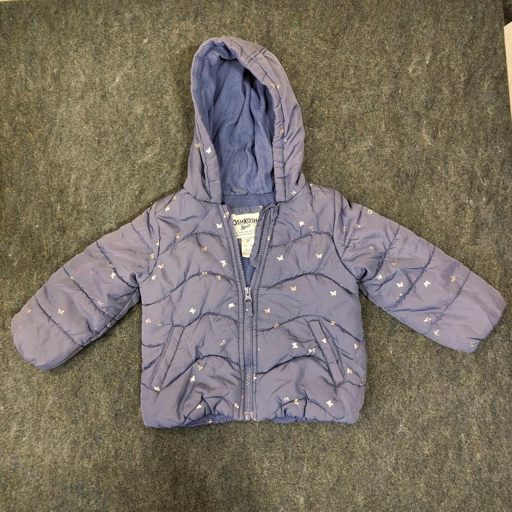 OshKosh B'gosh Girls Purple Puffer Jacket Butterfly Hooded Coat 3T